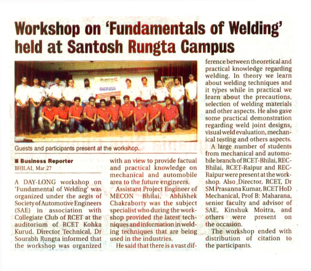 Newspaper clipping on Fundamentals of Welding workshop held by Rungta R1 College